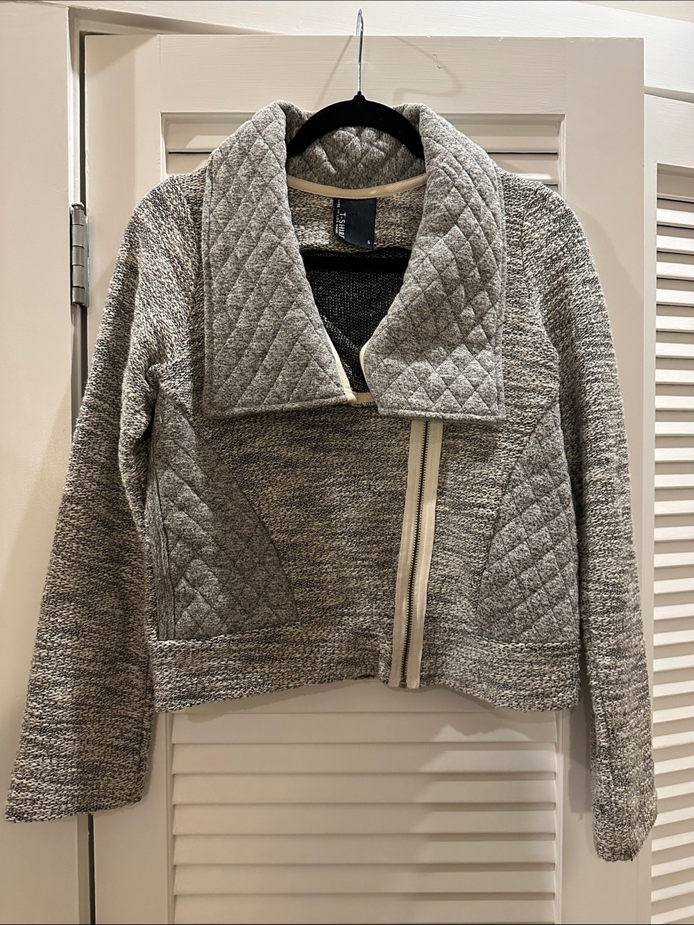 Quilted Collar Grey Knit Moto Jacket